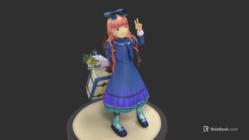 Woman With Pink Hair Blue Bow In Blue Dress Holding Flower Bouquet Making Peace Sign 3d model 