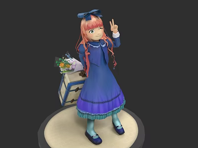 Woman With Pink Hair Blue Bow In Blue Dress Holding Flower Bouquet Making Peace Sign 3d model