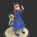 Woman With Pink Hair Blue Bow In Blue Dress Holding Flower Bouquet Making Peace Sign