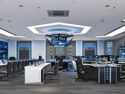 Modern Control Room With Multiple Monitors Control Desks Office Chairs And Technical Equipment 3d model