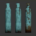 Three Blue Rusty Industrial Gas Cylinders Standing On Gray Studio Background
