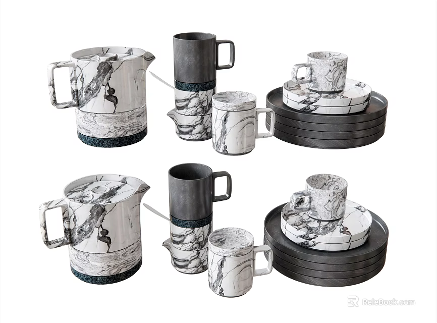 Modern Marble Pattern Dinnerware Set With Pitcher Mugs Plates And Trays 3d model 