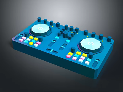 Blue DJ Mixer With Two Turntables Multiple Knobs And Colored Buttons 3d model