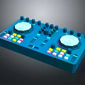 Blue DJ Mixer With Two Turntables Multiple Knobs And Colored Buttons