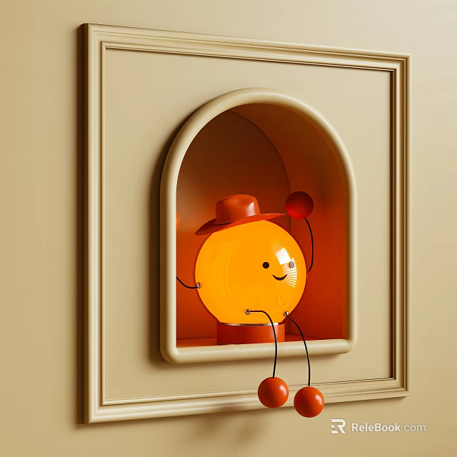 Cartoon Table Lamp With Smiling Face And Red Hat In Arched Frame On Beige Wall 3d model 