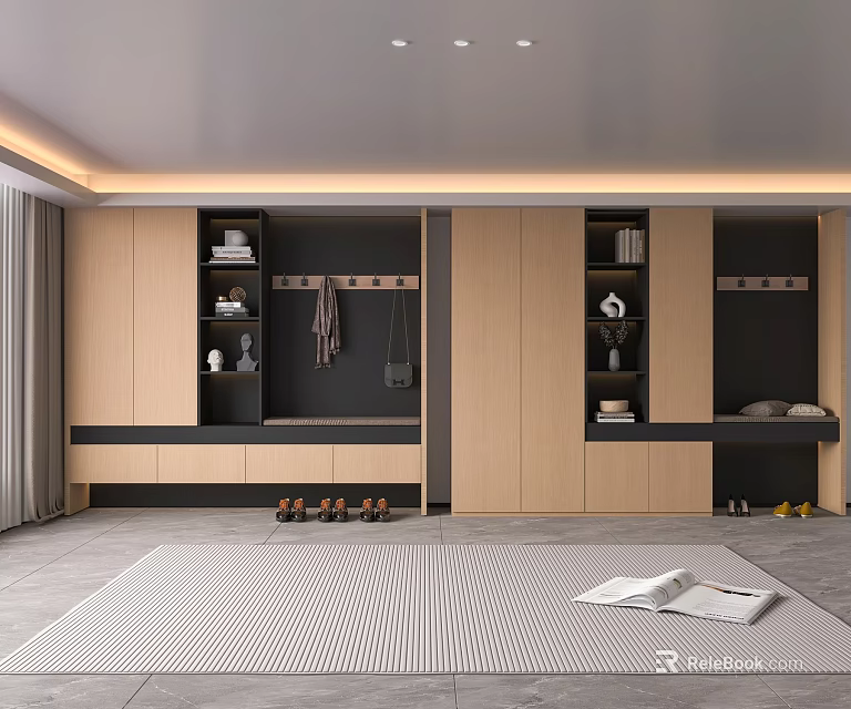 Modern Shoe Cabinet Storage System With Light Wood Black Accents Open Shelves And Coat Hooks 3d model 