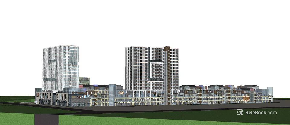 Modern Commercial Complex With High Rise Residential And Low Rise Commercial Buildings 3d model 