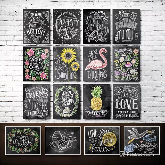 Colorful Framed Artworks With Various Typography And Illustrations On White Brick Wall 3d model 