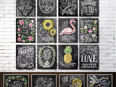 Colorful Framed Artworks With Various Typography And Illustrations On White Brick Wall 3d model