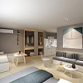 Modern Apartment Interior With Gray Walls Large Windows Curtains Platform Bed Sofa Desk And Laptop