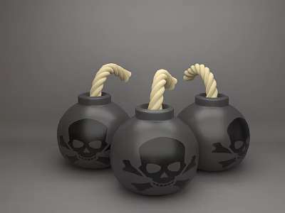Three Black Hand Grenades with Skull and Crossbones Design and White Fuses on Gray Background 3d model