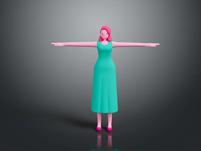 Woman with Pink Hair Full Body in Turquoise Dress Standing Arms Outstretched against Gray Background 3d model