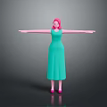 Woman with Pink Hair Full Body in Turquoise Dress Standing Arms Outstretched against Gray Background