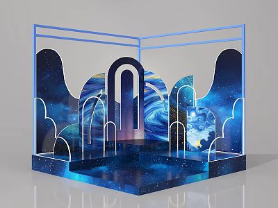 Event Display Wall Featuring Blue Frame Starry Sky Background Wave Patterns And Arch Designs 3d model