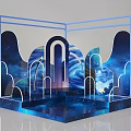 Event Display Wall Featuring Blue Frame Starry Sky Background Wave Patterns And Arch Designs