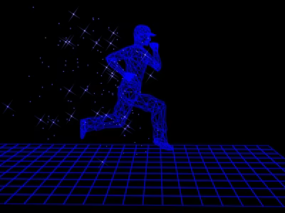 Man Running in Wireframe Dots with Star Light on Black Background and Blue Grid Floor 3d model