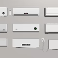 Different Wall Mounted Air Conditioners Arranged In Row On Beige Wall 3d model
