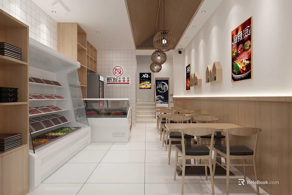 Modern Restaurant Interior With Display Fridge Meat Fruits Wooden Tables Chairs Wall Posters And Pendant Lights 3d model 