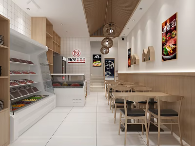 Modern Restaurant Interior With Display Fridge Meat Fruits Wooden Tables Chairs Wall Posters And Pendant Lights 3d model