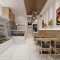 Modern Restaurant Interior With Display Fridge Meat Fruits Wooden Tables Chairs Wall Posters And Pendant Lights