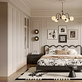 Elegant Modern Bedroom Interior With Upholstered Bed Chandelier Area Rug And Wall Art