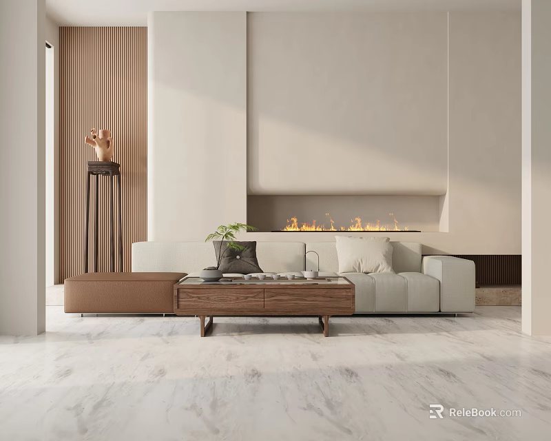 Modern Three Seater Sofa With Wooden Coffee Table Green Plant Flaming Fireplace And Marble Floor 3d model 