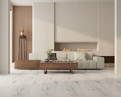 Modern Three Seater Sofa With Wooden Coffee Table Green Plant Flaming Fireplace And Marble Floor 3d model