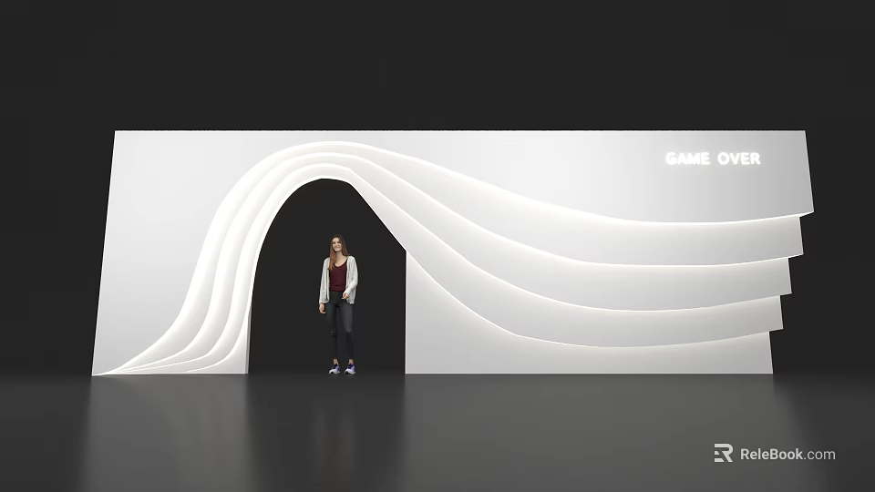 White Wavy Archway With Person Standing Under Black Background And Game Over Text Top Right 3d model 