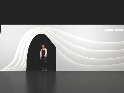 White Wavy Archway With Person Standing Under Black Background And Game Over Text Top Right 3d model