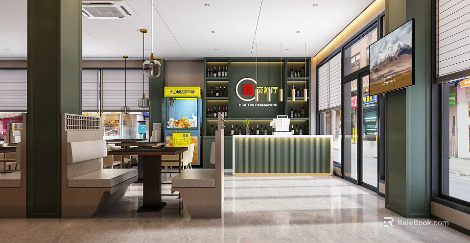 Modern Restaurant Interior With Green Bar Counter Wine Racks Bench Seating And Large Windows 3d model 