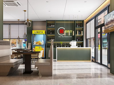 Modern Restaurant Interior With Green Bar Counter Wine Racks Bench Seating And Large Windows 3d model