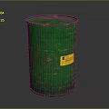 Industrial Green Metal Barrel With Yellow Label And Ribbed Surface