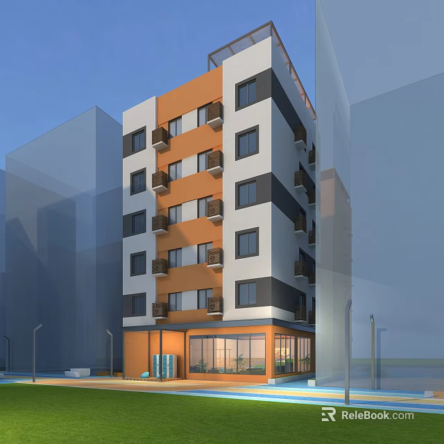Modern Multistory Residential Building With Orange White Black Facade Balconies And Glass Front 3d model 