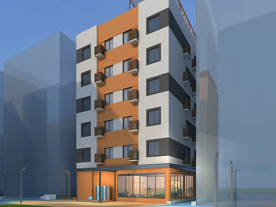 Modern Multistory Residential Building With Orange White Black Facade Balconies And Glass Front 3d model