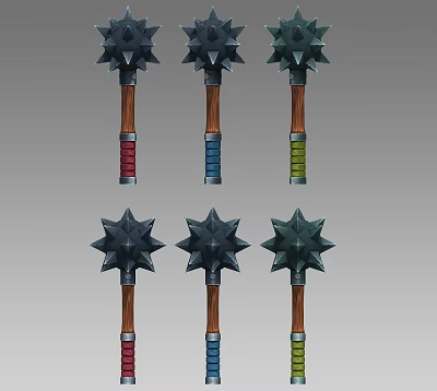 Multiple Spiked Mace Weapons With Wooden Handles And Colored Straps Design 3d model