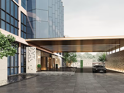 Modern Building Storefront Facade With Glass Curtain Walls Golden Awning And Entrance Green Plants 3d model