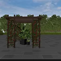 Wooden Garden Pergola Adorned With Red Climbing Vines And Green Plants