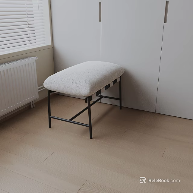 Stylish White Padded Side Table with Black Metal Frame White Blinds and Light Wood Floor 3d model 