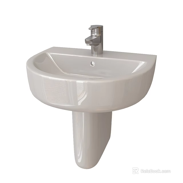 Elegant Modern White Ceramic Pedestal Washbasin with Chrome Faucet and Single Hole 3d model 