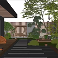 Beautiful Courtyard Garden Design With Stone Path Wooden Deck Swing And Green Plants