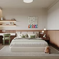 Modern Kids Room With Bed Green Pillows Desk Green Chair PEACE Painting And Stuffed Toy