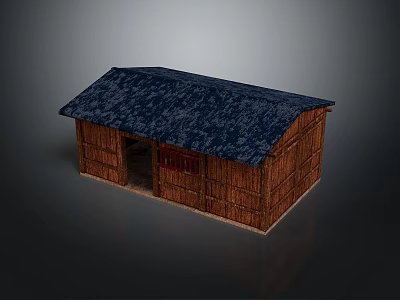 Rustic Wooden Cabin with Blue Shingle Roof and Wooden Walls Featuring Door and Window 3d model
