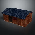 Rustic Wooden Cabin with Blue Shingle Roof and Wooden Walls Featuring Door and Window