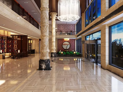 Elegant Front Desk Reception in Hotel Lobby with Marble Floor Tall Columns and Chandelier 3d model