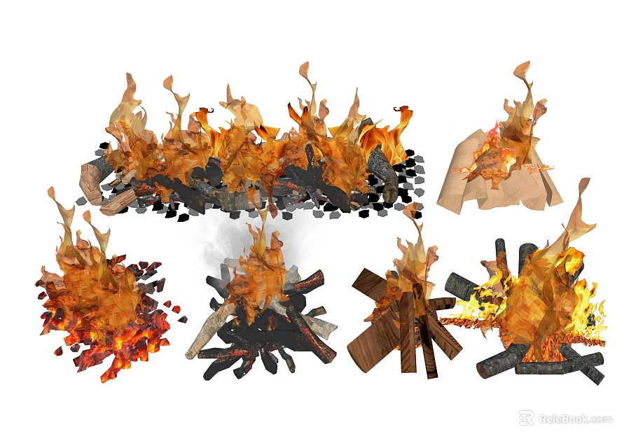Different Styles of Fire Pit with Burning Wood Logs and Flaming Scenes 3d model 