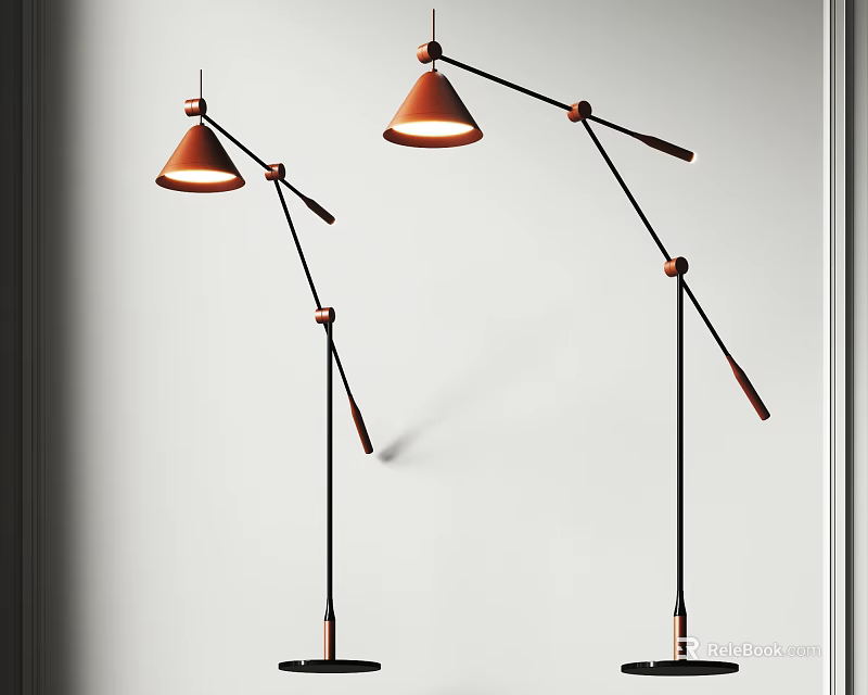 Modern Adjustable Arm Floor Lamp with Conical Copper Shade and Black Pole 3d model
