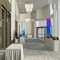 Spacious Lobby Interior With Long Corridor Chandeliers White Tables Blue Decorations And Patterned Carpet 3d model