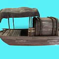Traditional Wooden Water Transportation Boat With Brown Canopy And Large Wooden Wheel