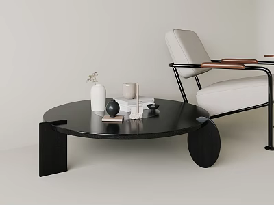 Modern Black Round Coffee Table With Decorative Vase Books In Living Room 3d model