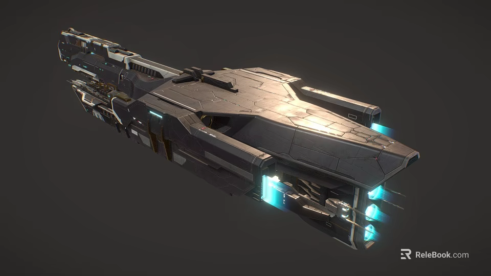 Futuristic Sci Fi Spaceship With Metallic Structure And Blue Illuminated Lights 3d model 